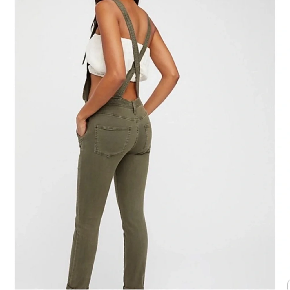Free People Olive Utility Denim Overalls Jumpsuit